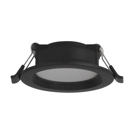 Idun-E LED Downlight 8.6cm, a round recessed fixture with a black plastic body and trim surrounding a frosted white diffuser, shown with metal mounting clips on a plain white background.