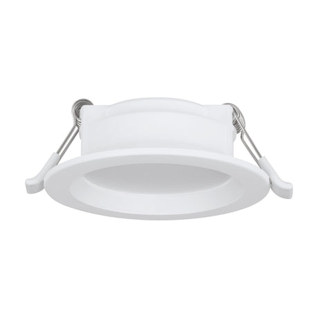 Idun-E LED downlight, round white plastic recessed fixture with flat trim ring, opal diffuser, and spring clips, shown on a plain white background.