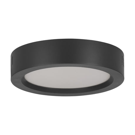 Idun-E LED flush ceiling light, 16cm round black plastic drum with recessed white opal diffuser, warm white integrated LED, shown on a plain white background.