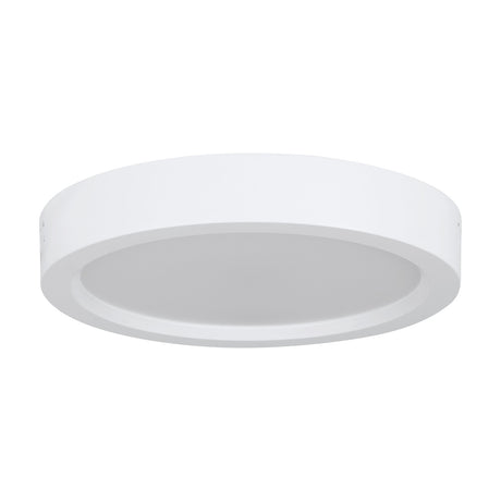 Idun-E LED flush ceiling light, 21cm round white plastic body with frosted diffuser and broad rim, shown at an angle on a plain white background.