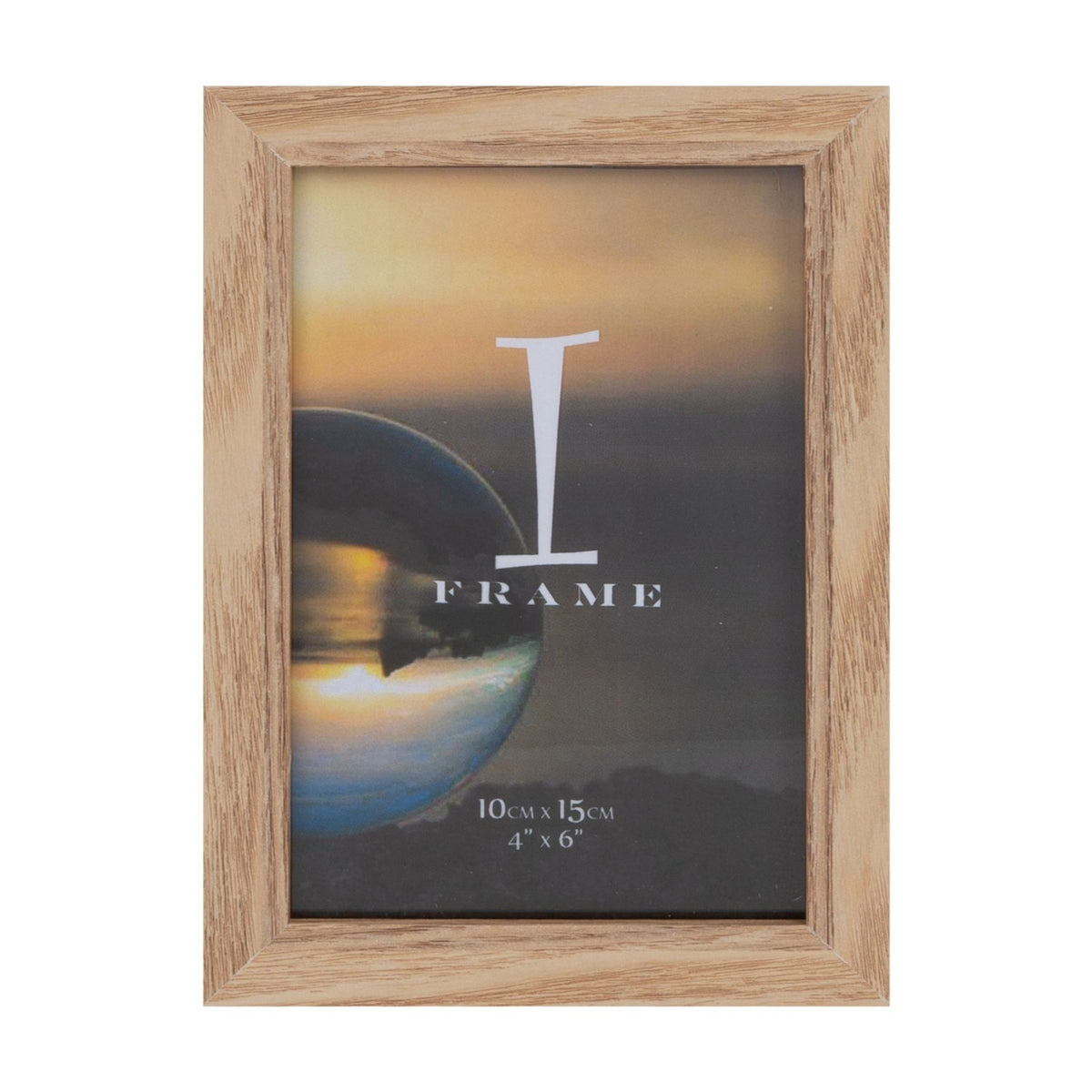 Rectangular freestanding photo frame in light oak wood with visible grain, flat border and inner step, holding a 4 x 6in landscape photo, on a plain white background.