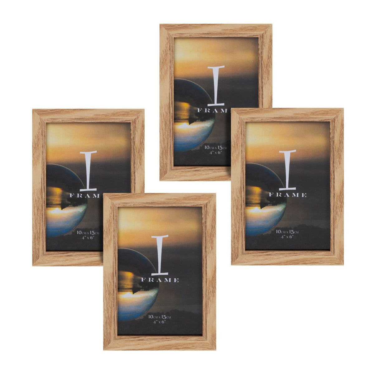 Set of 4 rectangular freestanding photo frames in light oak with visible wood grain, each holding a 6 x 4in sunset photo, arranged on a plain white background.