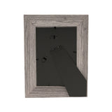 Rear view of the grey embossed wood-effect photo frame showing its fold-out easel stand and hanging hooks on a plain white background.