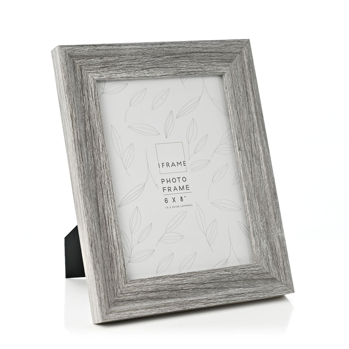 Grey embossed wood-effect photo frame with wide stepped rectangular moulding and rear easel stand, shown at an angle on a plain white background.