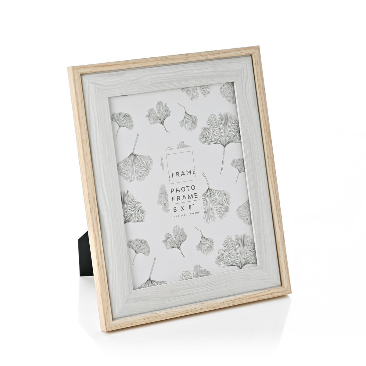 Two tone wood photo frame for a 6 x 8" picture, with a grey inner border and light brown outer edge, shown upright with a back stand on a white background.
