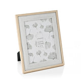 Two tone wood photo frame for a 6 x 8" picture, with a grey inner border and light brown outer edge, shown upright with a back stand on a white background.