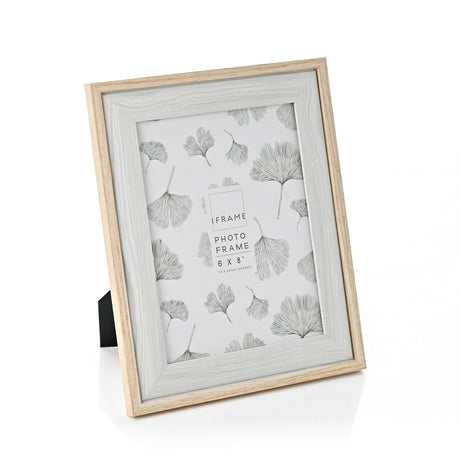 Two tone wood photo frame for a 6 x 8" picture, with a grey inner border and light brown outer edge, shown upright with a back stand on a white background.