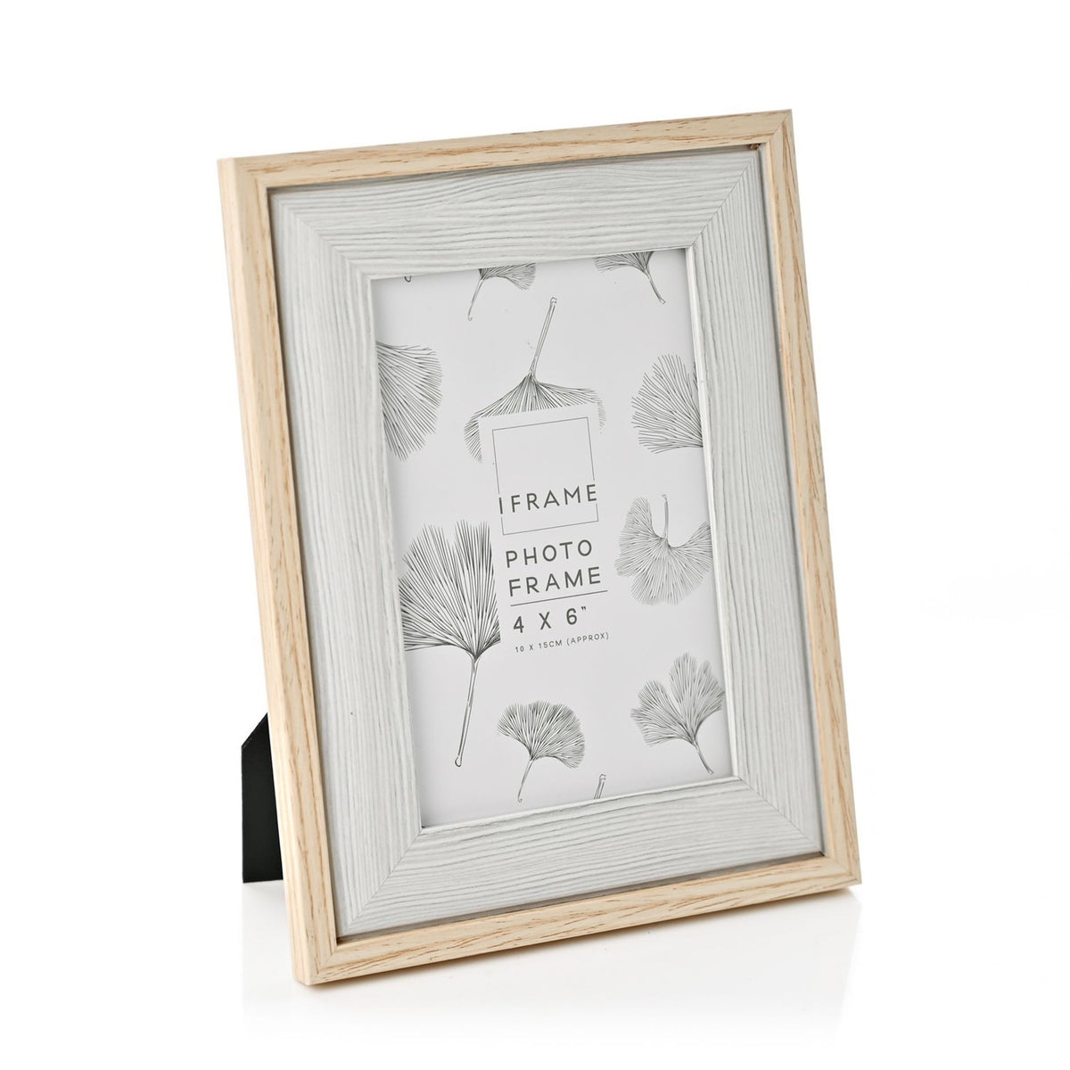 Two tone wood photo frame for a 4 x 6" picture, with light brown outer edge and grey woodgrain inner border, stood at an angle on a white background.