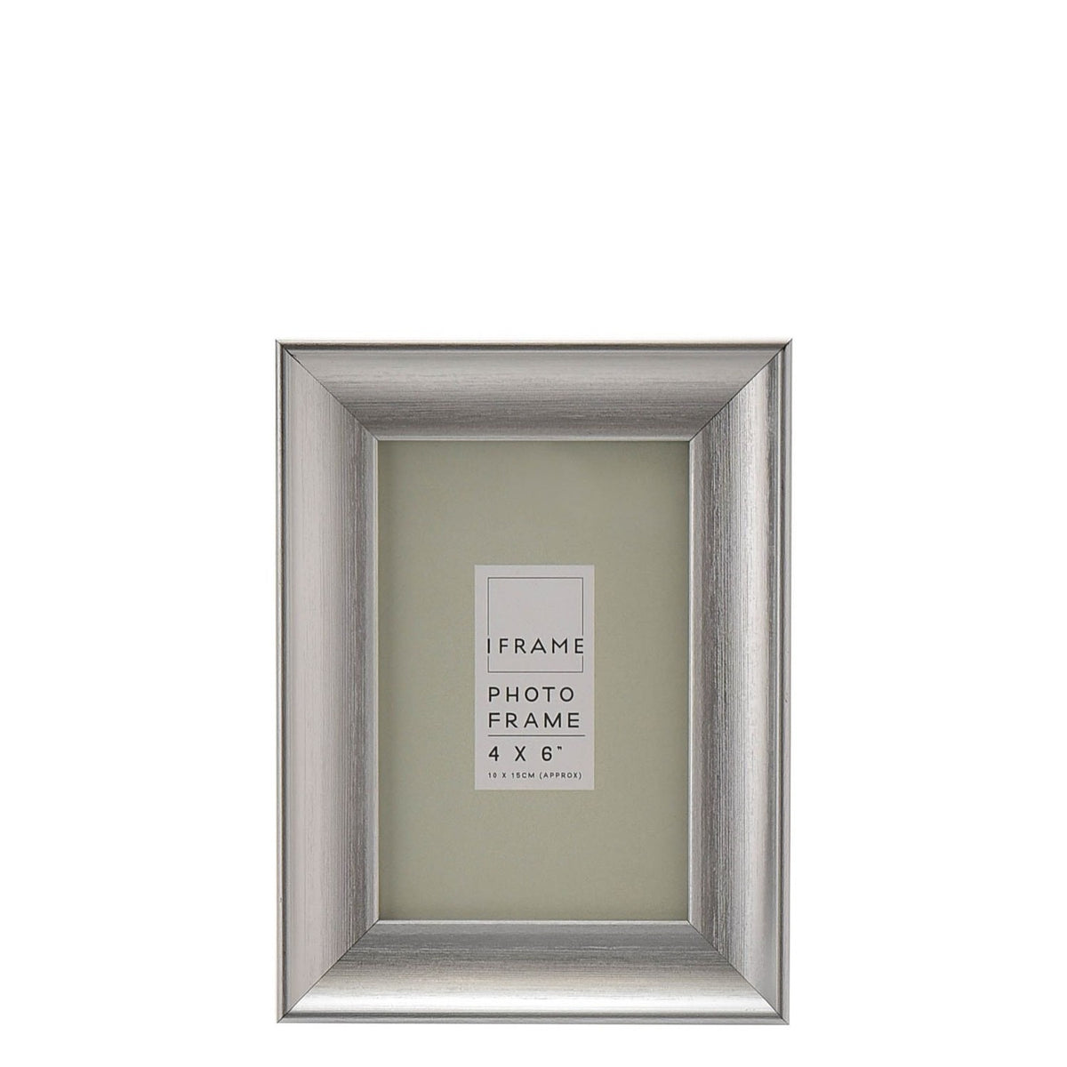 Traditional rectangular easel photo frame in brushed silver finish with sloped moulding, shown for a 4 x 6" photo on a plain white background.