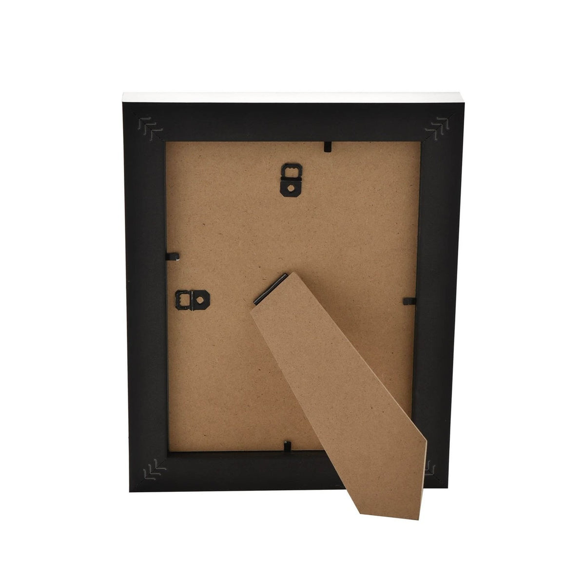 Rear view of the Traditional Brushed Rectangular Easel Photo Frame showing black backing with hanging hooks and a fold-out kickstand, set against a plain white background.