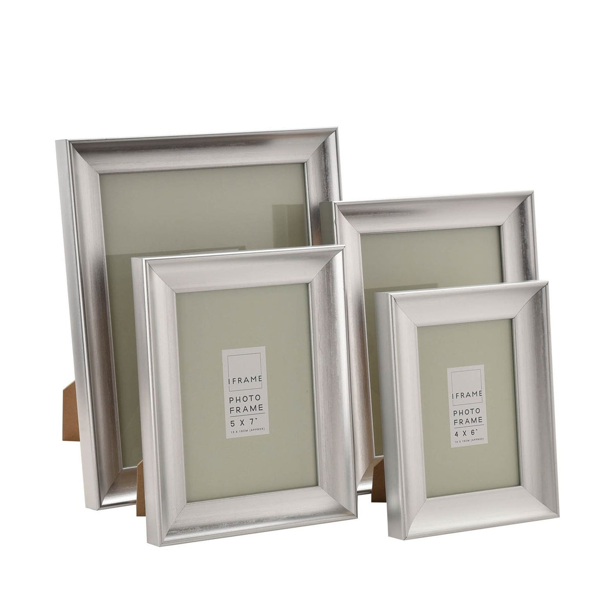 Four brushed silver rectangular easel photo frames in varying sizes (4x6in and 5x7in shown), sloped moulding, on a white background.