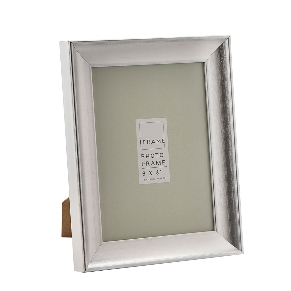 Traditional rectangular easel photo frame in brushed silver finish with sloped moulding and back stand, 6 x 8in size, shown on a plain white background.