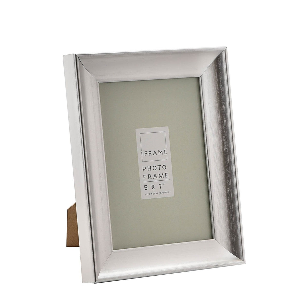 Traditional rectangular easel photo frame in brushed silver finish with sloped moulding, 5 x 7" size, shown at an angle with back stand, on a plain white background.