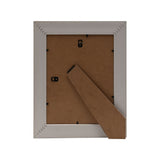 Back view of the rattan effect photo frame showing MDF backing board, metal hanging hooks, and an angled kickstand, on a plain white background.