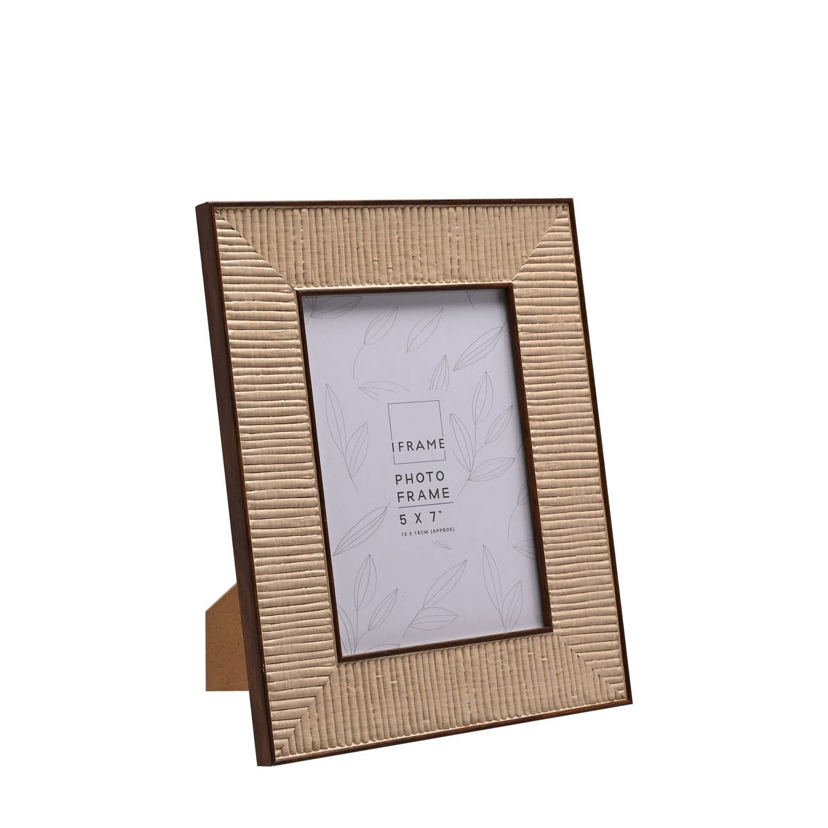 Rectangular 5x7" photo frame with rattan effect natural woven border, mitred corners, slim dark brown edging, and rear stand, shown at an angle on a white background.