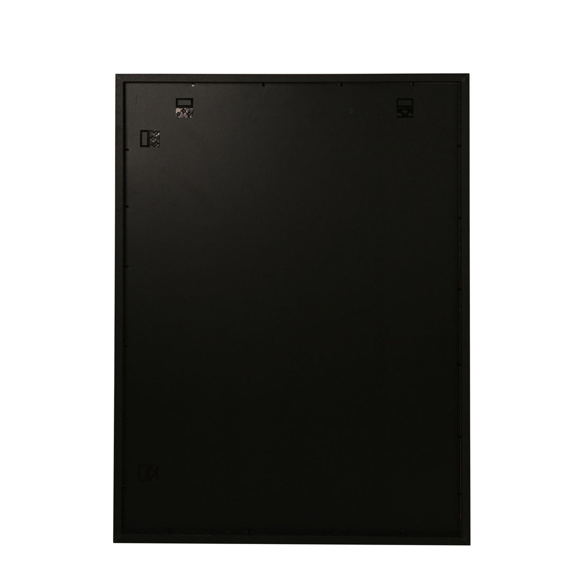 Rear view of a rectangular black wooden poster photo frame showing hanging hardware, mounting hooks, and wall-mount fixtures on a plain white background.