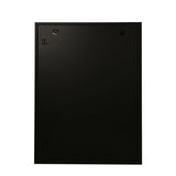 Rear view of a rectangular black wooden poster photo frame showing hanging hardware, mounting hooks, and wall-mount fixtures on a plain white background.