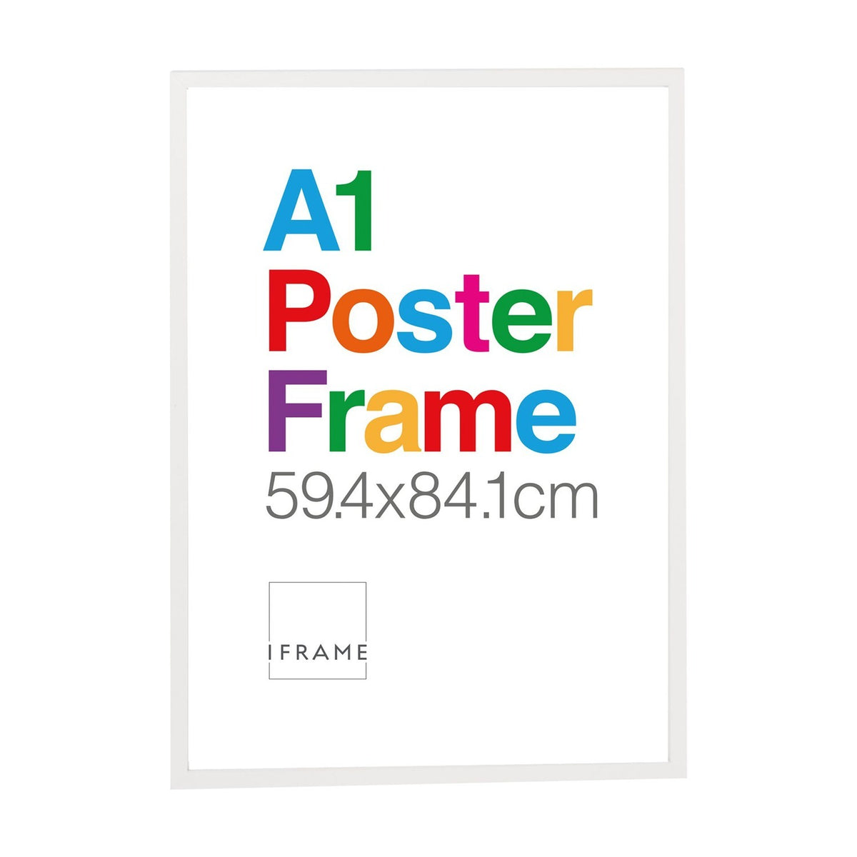 Rectangular white wooden photo frame for A1 posters, 59.4x84.1cm, flat squared profile with mitred corners, shown on a plain white background with a colourful sample print.