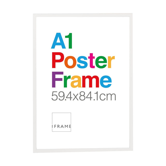 Rectangular white wooden photo frame for A1 posters, 59.4x84.1cm, flat squared profile with mitred corners, shown on a plain white background with a colourful sample print.