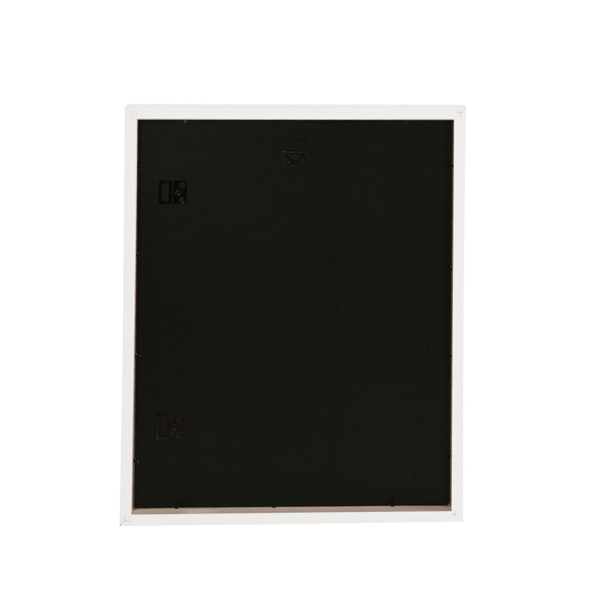 Back view of the Wooden Poster Photo Frame in white, showing a black backing board, metal hanging brackets, and sawtooth hooks on a plain background.