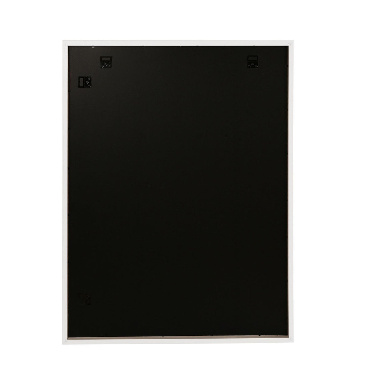 Rear view of the Wooden Poster Photo Frame in white, showing a black backing board, hanging fixtures, and mitred wood corners on a white background.