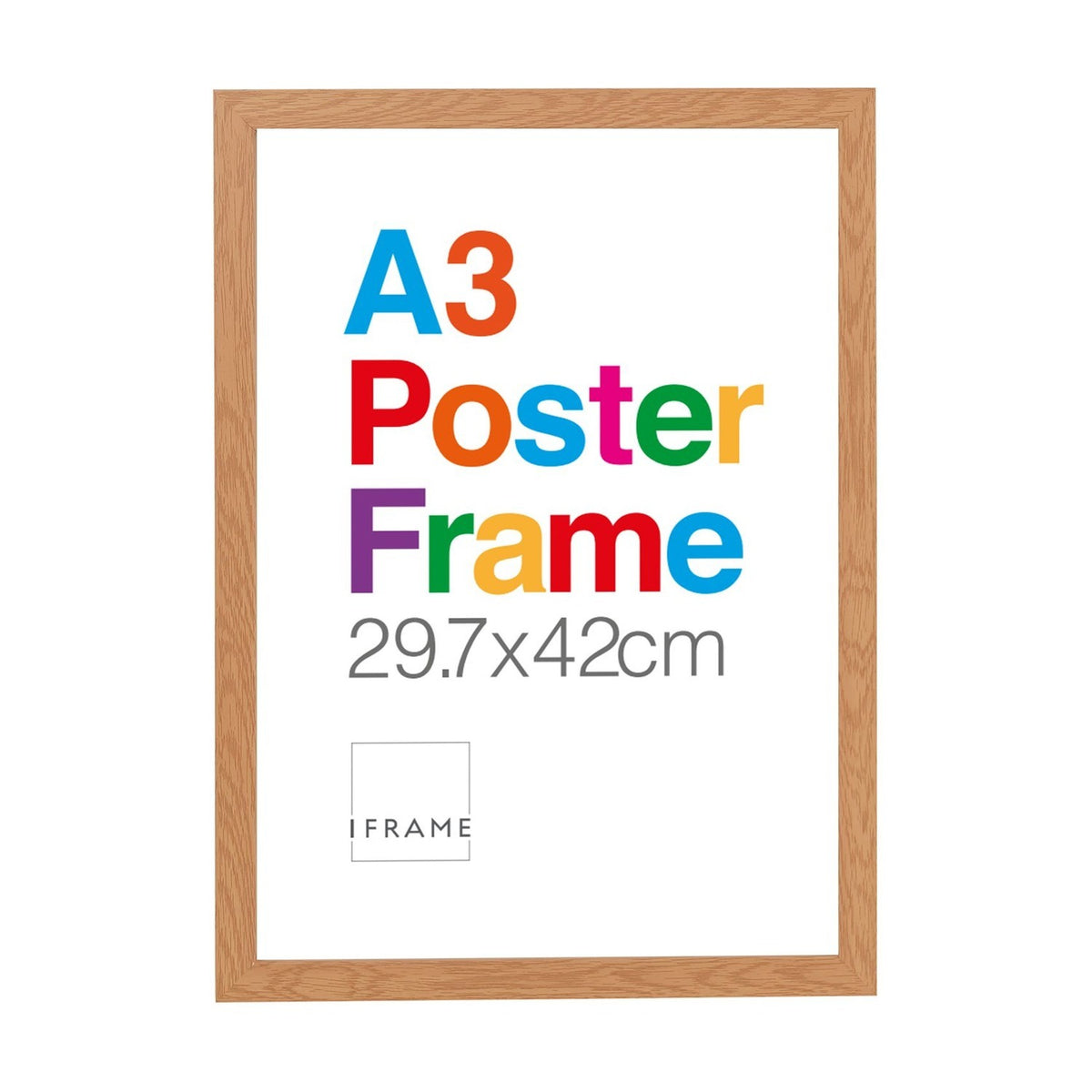 Rectangular wooden wall photo frame in a natural oak finish with fine grain and mitred corners, sized for an A3 poster, shown on a plain white background.