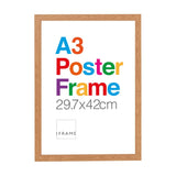 Rectangular wooden wall photo frame in a natural oak finish with fine grain and mitred corners, sized for an A3 poster, shown on a plain white background.