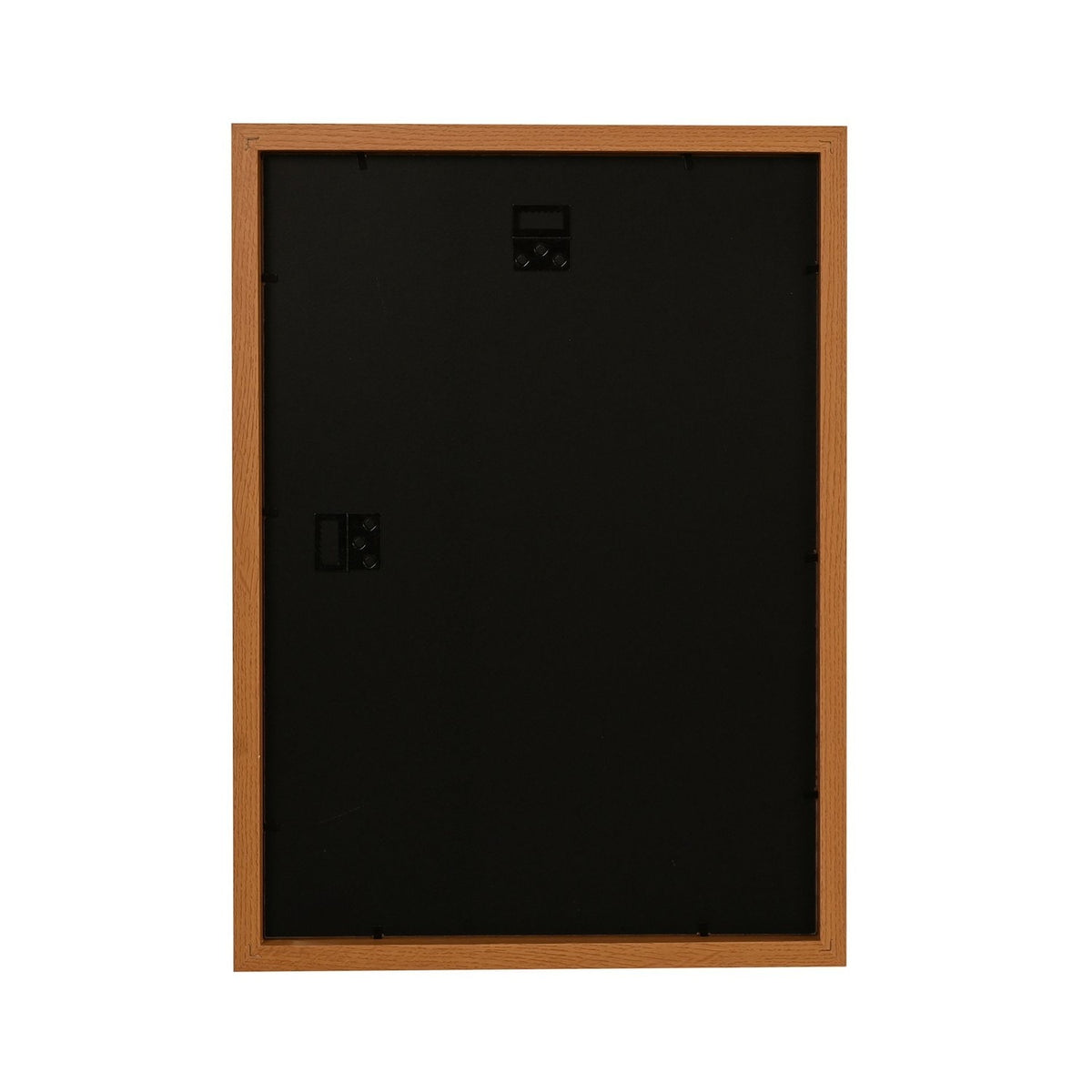 Rear view of the Natural Finish Wooden Wall Photo Frame for A3 Posters in oak, showing black backing board, hanging hooks and sawtooth fixings on a white background.