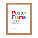 Rectangular wooden poster photo frame in a natural oak finish with visible wood grain, shown empty with sample "Poster Frame 11"x14"" text on a white background.