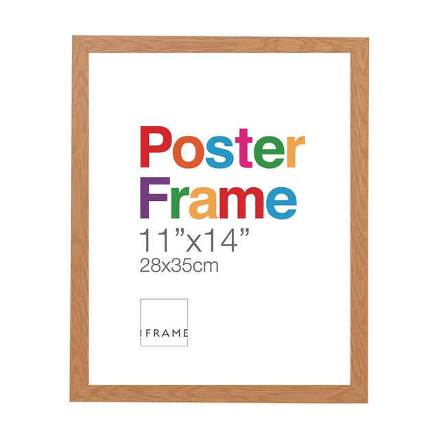 Rectangular wooden poster photo frame in a natural oak finish with visible wood grain, shown empty with sample "Poster Frame 11"x14"" text on a white background.