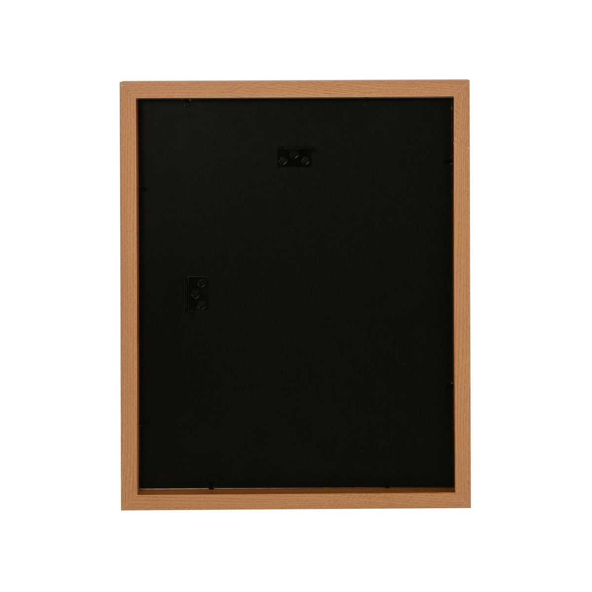 Reverse view of the Natural Finish Wooden Poster Photo Frame 14 x 11in in oak, showing black backing board with two mounting brackets, on a plain white background.