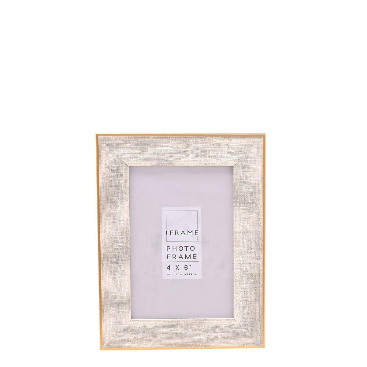 Rectangular 4x6 photo frame with a textured white face and thin gold-edged border, shown upright on a plain white background.