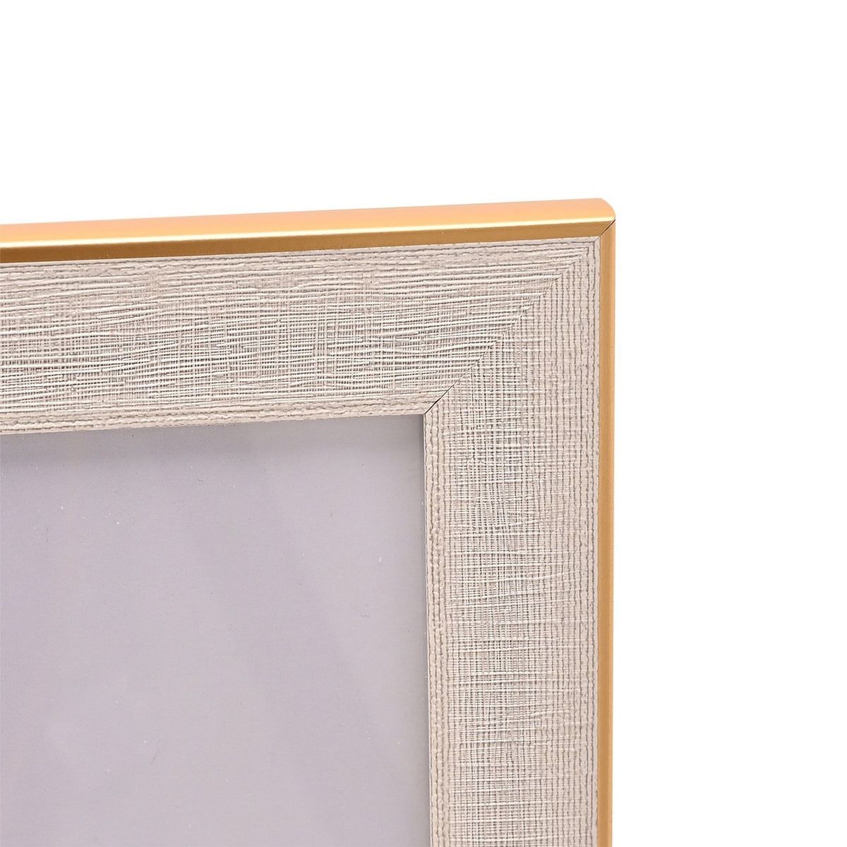 Close-up of the Thin Edged Textured Plastic Photo Frame corner in White & Gold, showing the woven-textured white border and slim gold edge against a plain background.