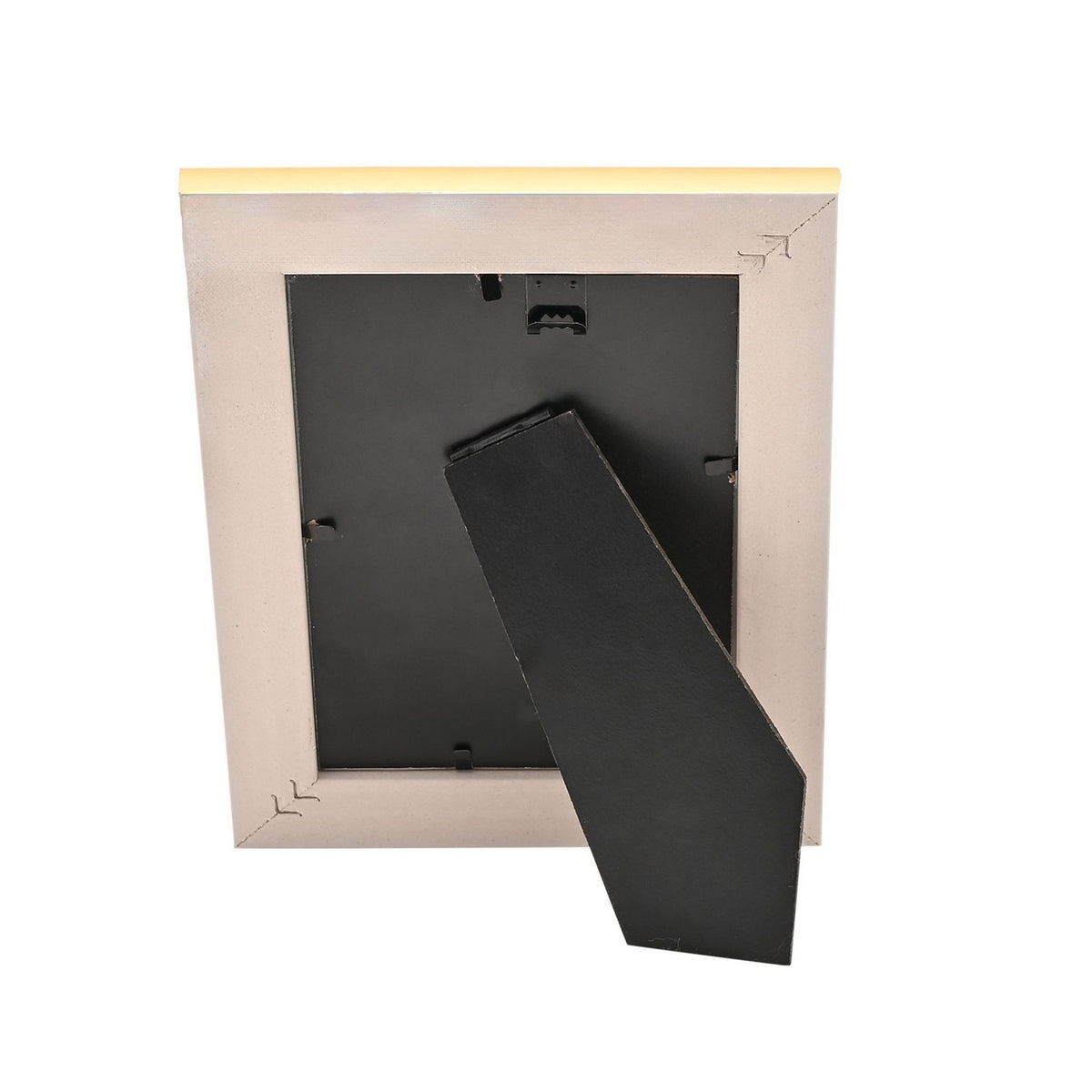 Rear view of the Thin Edged Textured Plastic Photo Frame in white and gold, showing a black backing board, hanging hooks, and an angled kickstand, on a plain white background.