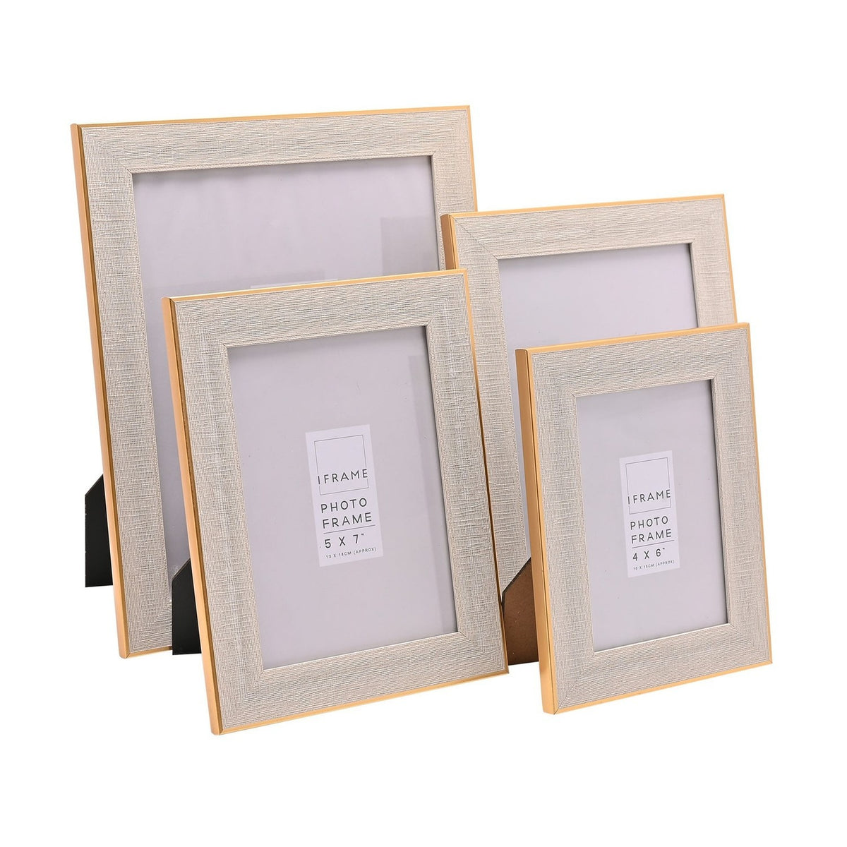 Four rectangular photo frames in 5x7 and 4x6 sizes with textured white borders and thin gold edging, shown in two sizes on a white background.