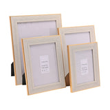 Four rectangular photo frames in 5x7 and 4x6 sizes with textured white borders and thin gold edging, shown in two sizes on a white background.