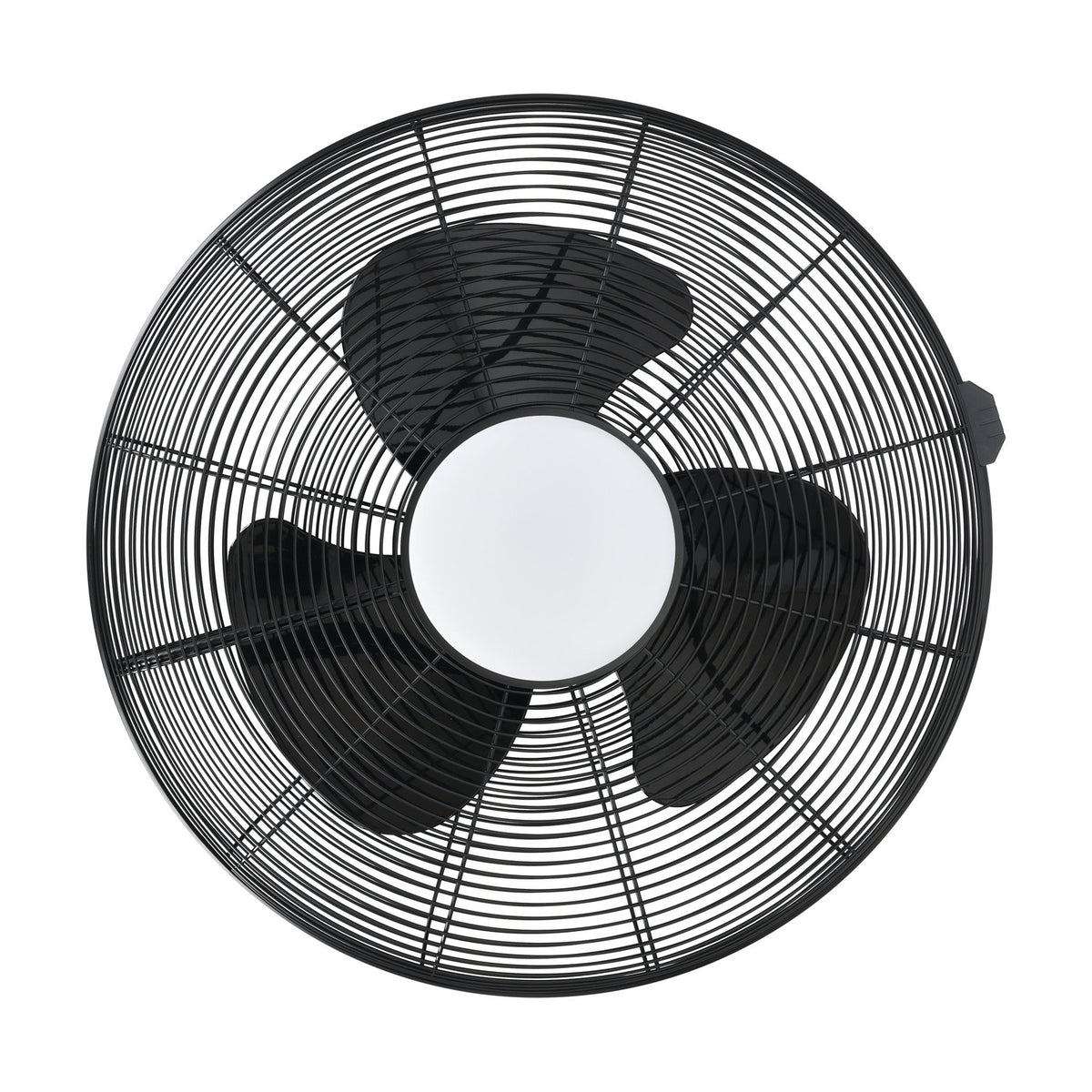 Igeldo Ceiling Fan with Light in matt black, front view showing the round wire cage, three black blades, and central milky acrylic LED shade on a plain white background.