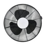 Igeldo Ceiling Fan with Light in matt black, front view showing the round wire cage, three black blades, and central milky acrylic LED shade on a plain white background.