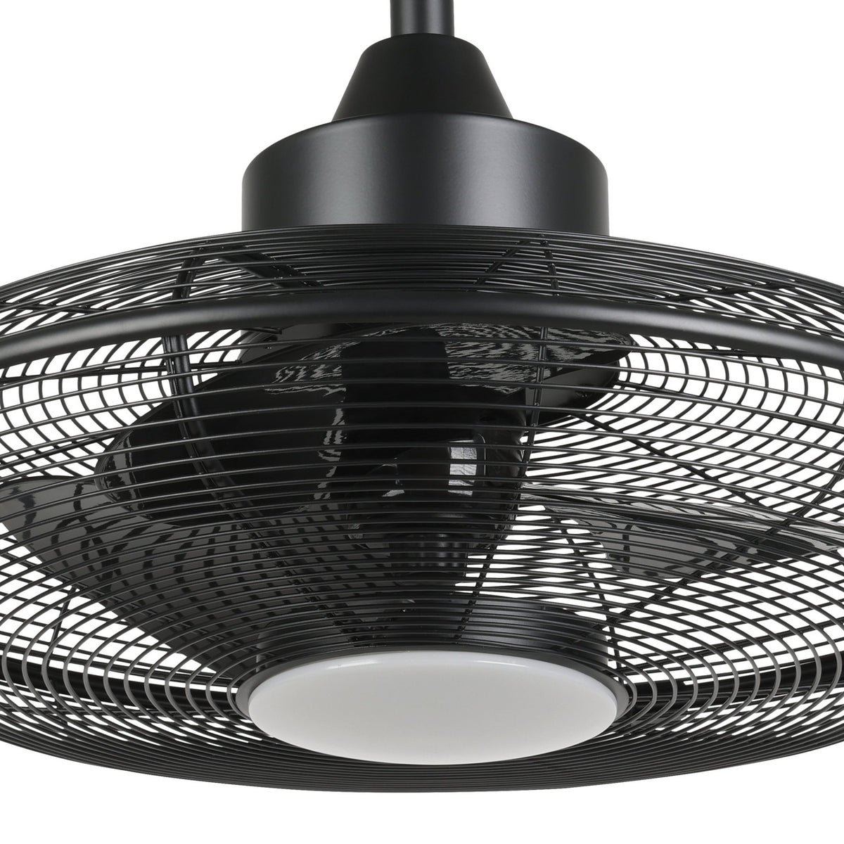 Close-up of the Igeldo caged ceiling fan with light in matt black iron, showing a round wire guard, three blades, and a milky acrylic LED shade on a plain white background.