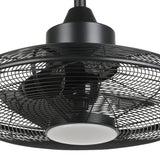 Close-up of the Igeldo caged ceiling fan with light in matt black iron, showing a round wire guard, three blades, and a milky acrylic LED shade on a plain white background.