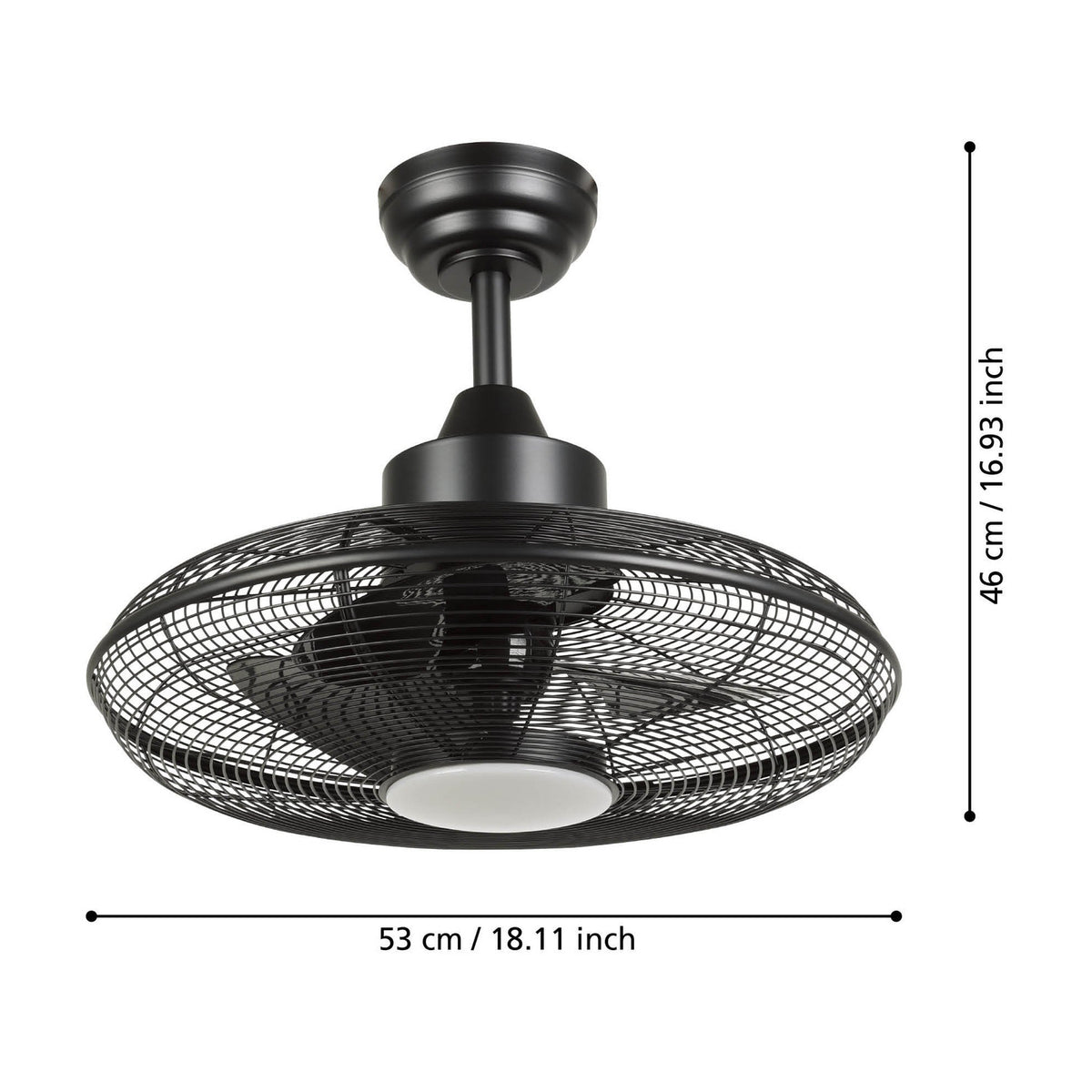Matt black iron Igeldo ceiling fan with light, round wire cage enclosing three blades, integrated LED behind milky acrylic shade, 53cm diameter x 46cm height.