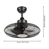 Matt black iron Igeldo ceiling fan with light, round wire cage enclosing three blades, integrated LED behind milky acrylic shade, 53cm diameter x 46cm height.