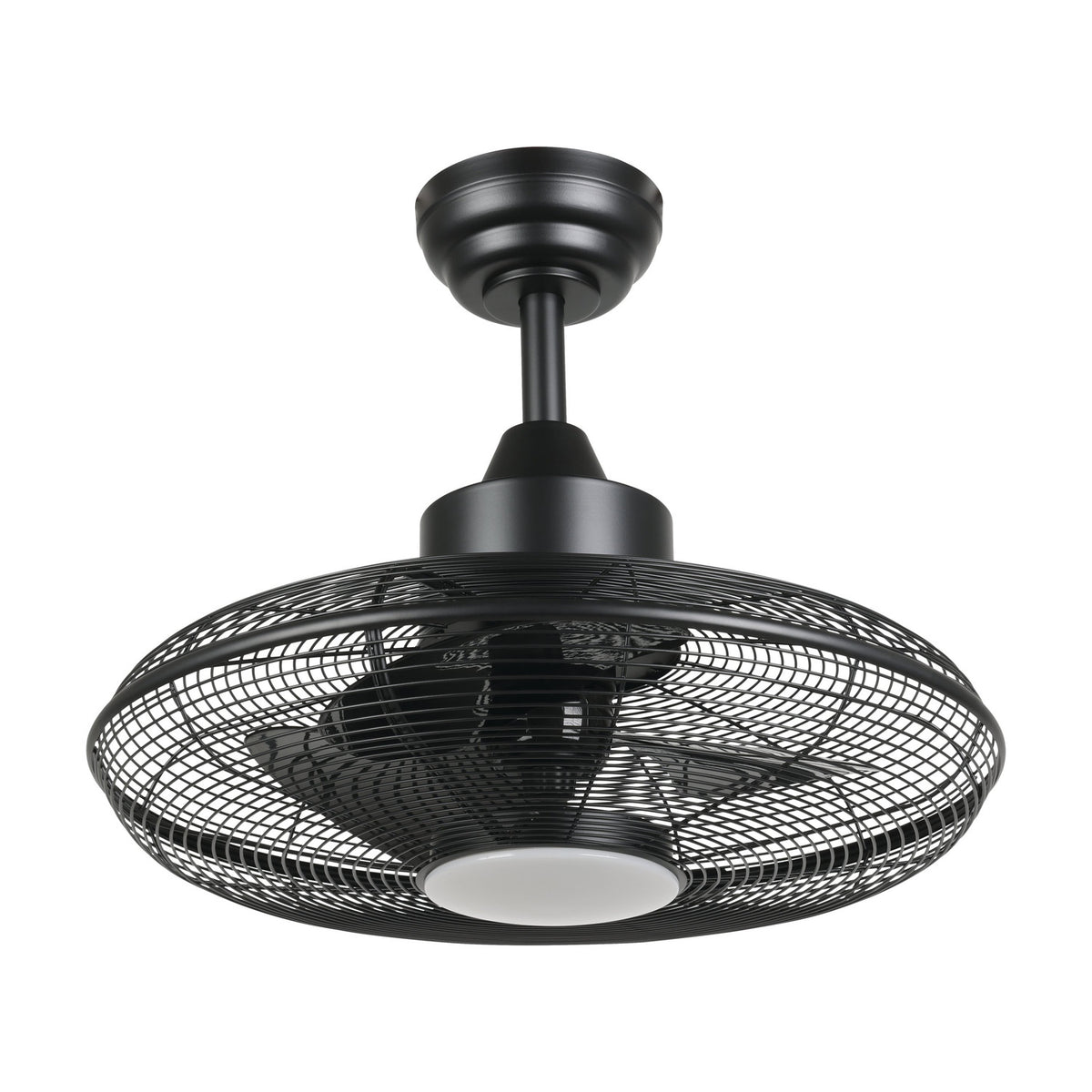Igeldo Ceiling Fan with Light in matt black, featuring an iron wire cage enclosing three blades and a central integrated LED behind a milky acrylic shade, shown on a plain white background.