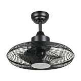 Igeldo Ceiling Fan with Light in matt black, featuring an iron wire cage enclosing three blades and a central integrated LED behind a milky acrylic shade, shown on a plain white background.