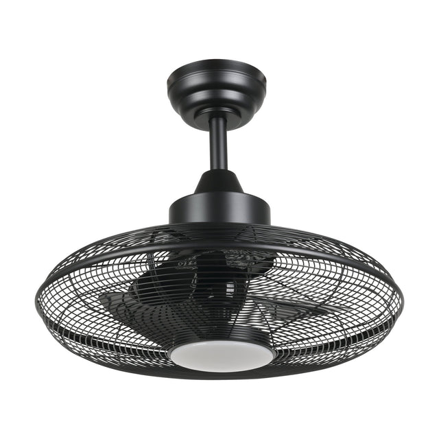 Igeldo Ceiling Fan with Light in matt black, featuring an iron wire cage enclosing three blades and a central integrated LED behind a milky acrylic shade, shown on a plain white background.