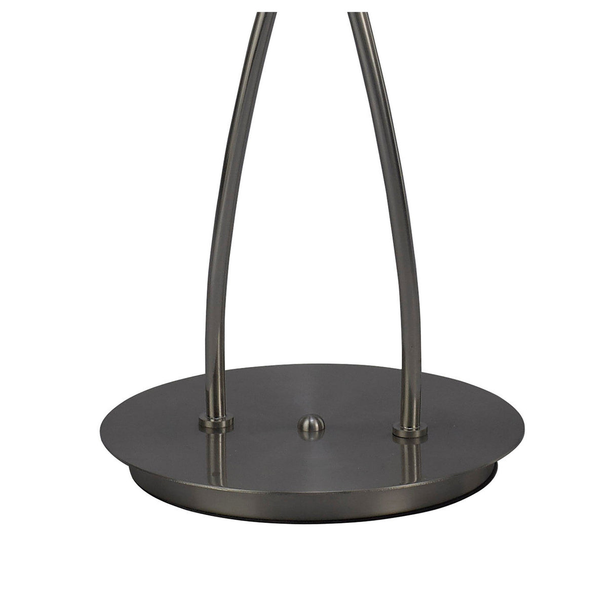 A close-up of the Iku 4 Light Floor Lamp in Satin Nickel shows its base with two curved rods on a round, flat platform and a central small knob.