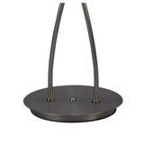 A close-up of the Iku 4 Light Floor Lamp in Satin Nickel shows its base with two curved rods on a round, flat platform and a central small knob.