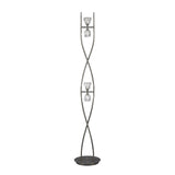 The Iku 4 Light Floor Lamp - Satin Nickel features a modern design with a satin nickel base and two curved metal rods, showcasing three vertically arranged glass light fixtures at varying heights.