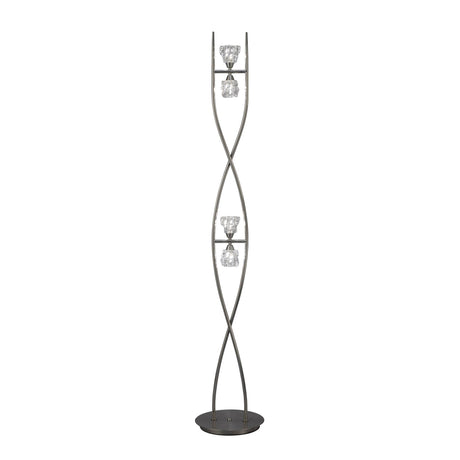 The Iku 4 Light Floor Lamp - Satin Nickel features a modern design with a satin nickel base and two curved metal rods, showcasing three vertically arranged glass light fixtures at varying heights.