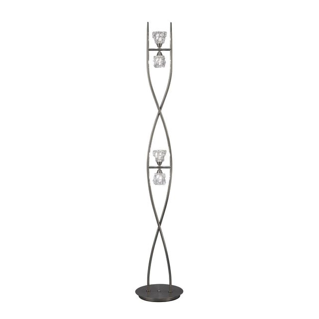 The Iku 4 Light Floor Lamp - Satin Nickel features a modern design with a satin nickel base and two curved metal rods, showcasing three vertically arranged glass light fixtures at varying heights.